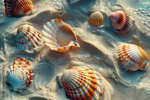 Close up of shells in the sand on a beach. Suitable for travel and nature themes