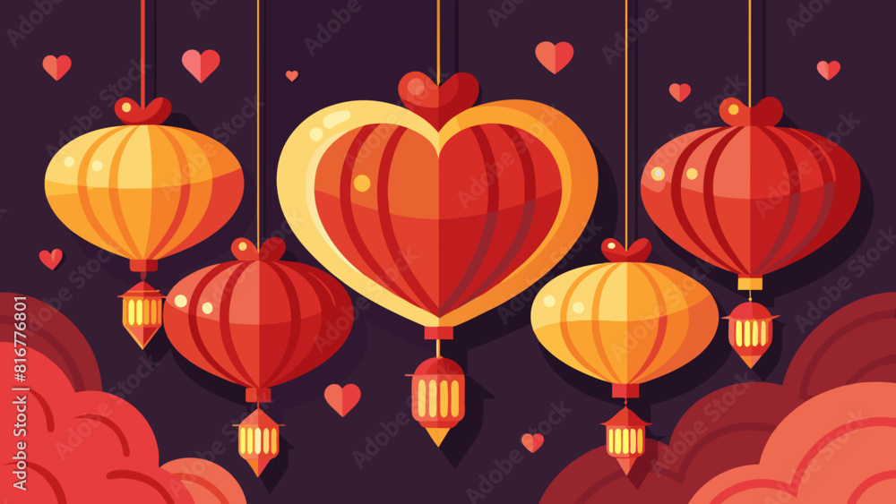 Romantic Red and Gold Lanterns with Hearts for Valentine's Day Celebration. Vector illustration for Qixi festival celebrating Chinese Valentine's Day Romantic Red and Gold Lanterns with Hearts for Valentine's Day Celebration. Vector illustration for Qixi festival celebrating Chinese Valentine's Day