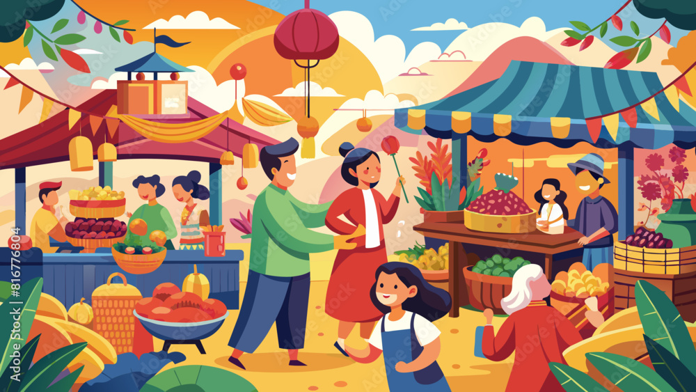 Bustling Traditional Asian Street Market Scene with Festive Atmosphere. Vector illustration for Qixi festival. Chinese Valentine's Day, Double Seventh Festival, the Magpie Festival. Bustling Traditional Asian Street Market Scene with Festive Atmosphere. Vector illustration for Qixi festival. Chinese Valentine's Day, Double Seventh Festival, the Magpie Festival.
