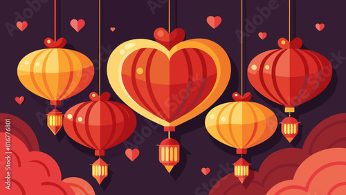 Romantic Red and Gold Lanterns with Hearts for Valentine's Day Celebration. Vector illustration for Qixi festival celebrating Chinese Valentine's Day