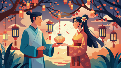 Traditional Asian Couple Celebrating Lantern Festival Outdoors. Vector illustration for Qixi festiva. Chinese Valentine's Day, Double Seventh Festival, the Magpie Festival.