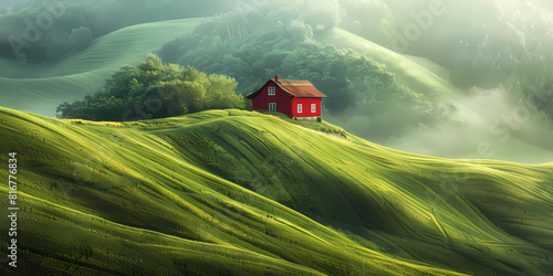 A red house on top of rolling green hills photo