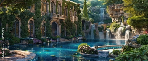 Stone Villa With Blue Pool Overlooking Waterfall, Lush Garden And Ivy Covered Walls, Hyper Realistic 