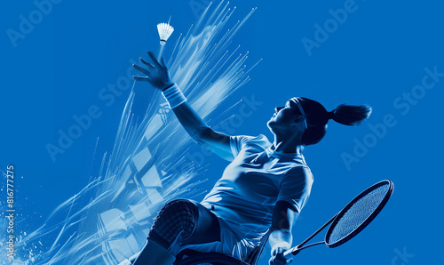 para-athlete throws a shuttlecock for a game of para-badminton while sitting, in action, blue and white colors, minimalistic illustration with copy space