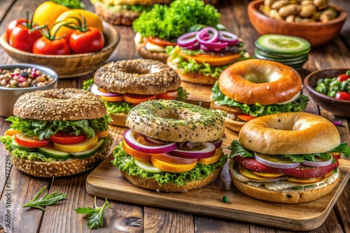 Bagel sandwiches with fresh vegetables and sesame seeds on wooden background