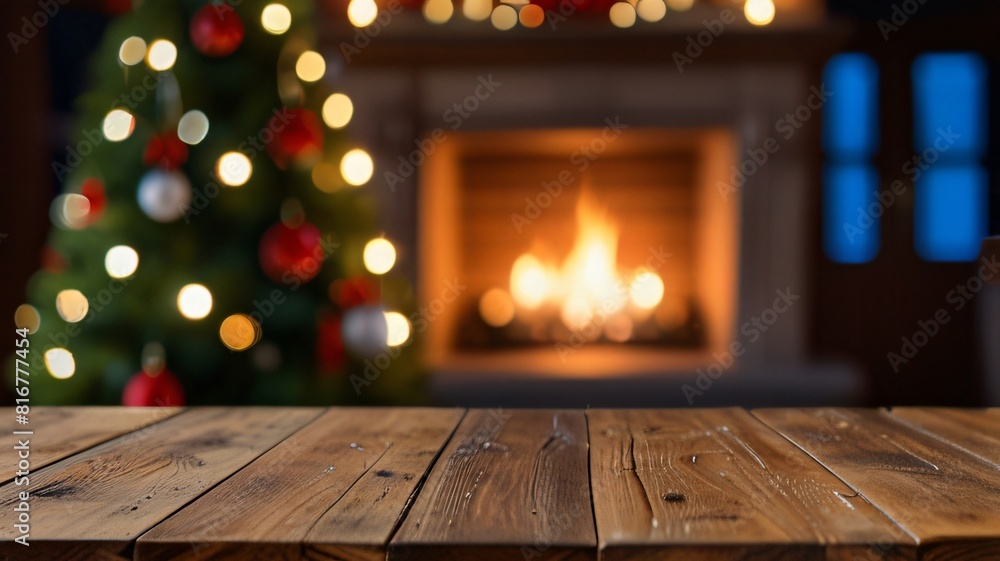 Wood table with blurry christmas tree and fireplace background Wood table with blurry christmas tree and fireplace background