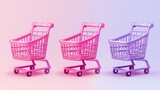 An isolated 3D shopping trolley cart for groceries. A supermarket basket render pink icon set. An object concept for ecommerce promotion. A realistic plastic shopping trolley for a mall.
