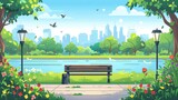 This is a modern cartoon illustration of a city river promenade with benches and a tree with lanterns on the horizon and birds flying in the sky. It represents a public garden with flowers, trees,