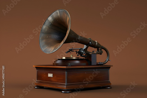 A high-quality image of a vintage gramophone on a solid dark brown background