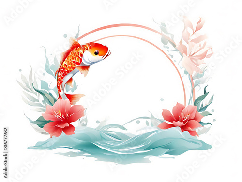 Watercolor painting of an elegant koi fish. Its vibrant red and white scales swim gracefully through the tranquil pool. Complemented by circles of pink and white flowers.