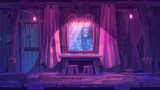 Theater backstage room at night. Cartoon modern of empty dark interior to prepare actors for performances or filming with makeup station, changeable clothes, dressing screen.