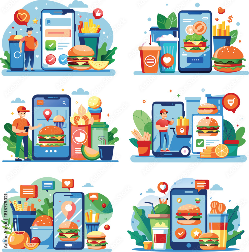 Set flat illustration of a fast food mobile order app, vector illustration. Set flat illustration of a fast food mobile order app, vector illustration.