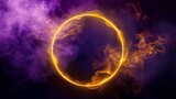 Stunning neon circle with cloud smoke and flare glow. 3D realistic abstract led ring with sparkle and purple soft fog trail.