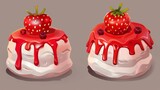 Illustration of a 3D cake dessert food icon and ice cream. Sweet snack with strawberry for a birthday party. Valentine bakery for a wedding anniversary date gift with melted glaze and red berry