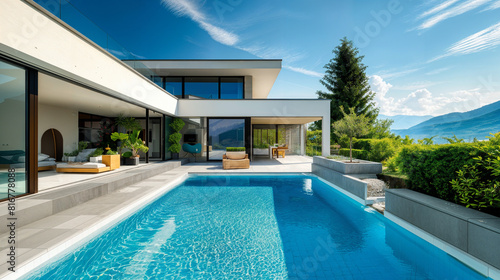 Exterior modern luxury villa with pool and garden  nobody inside