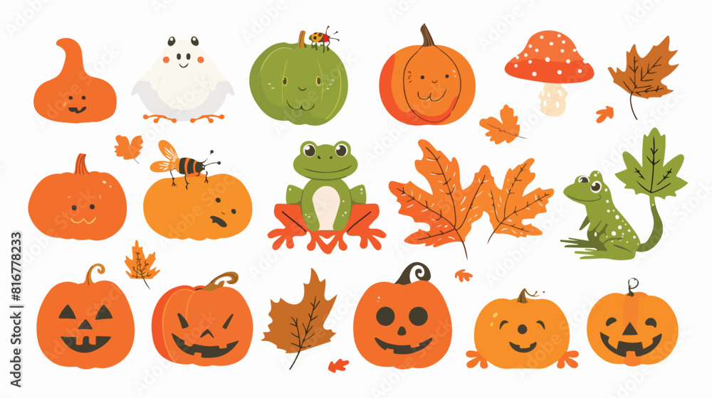 Orange pumpkins fall harvest and cute funny frog eati