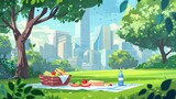 The picnic is a picnic on grass in a city park, with a basket of food, fresh fruit, sandwiches and a bottle of water on the ground, eating under a tree in a public garden. This is a modern cityscape