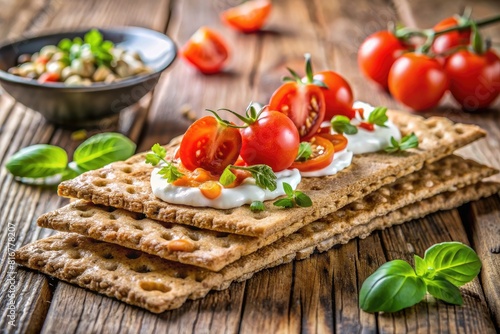 Crispbread with mozzarella, tomatoes and basil on wooden background
