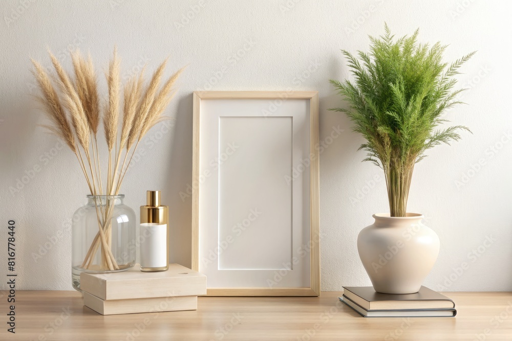 Mock up poster frame, pampas grass in vase on wooden table and white wall background. Mock up poster frame, pampas grass in vase on wooden table and white wall background.