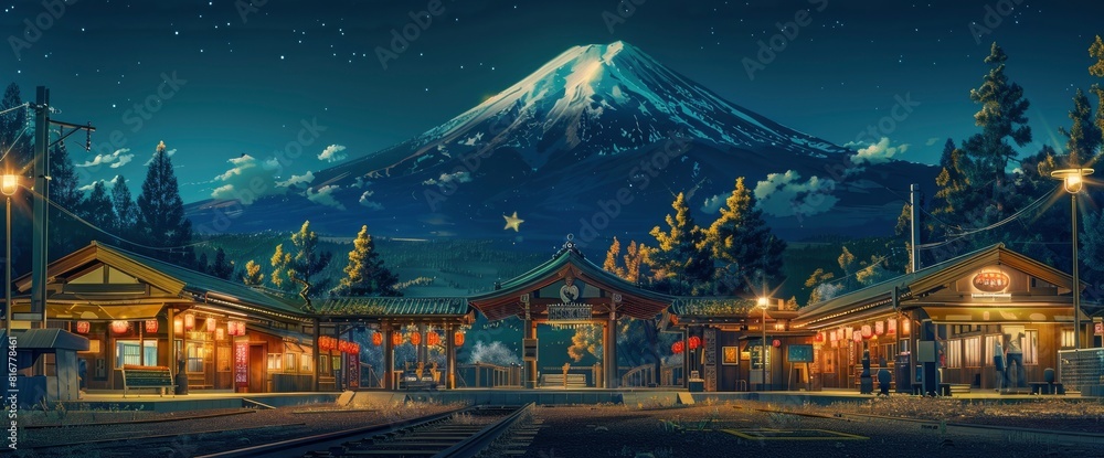 The Old Japanese Train Station Is Located In Front Of The Mountain, With An Oil Painting Style And Mountains Behind It