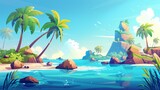 Seascape with palm tree and rock. Tropical ocean with coast and lagoon for summer vacation. Tropical horizon paradise day panorama concept.