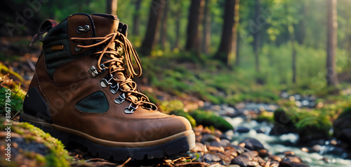 Single brown hiking shoes in forest mountain stones, hick neck boot with shoe laces side of small river photo