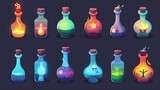 The elixir potion bottle cartoon icon set for magic games. A medicine flask with poison modern illustration for rpg labs. An integrated 2D interface element for wizards.