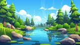 River landscape with green forest. Modern cartoon illustration of beautiful natural background and evergreen trees with stones near lake water reflecting on clear surface, clouds in sunny sky.