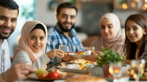 Muslim family gathering around dining table for Ramadan dinner.