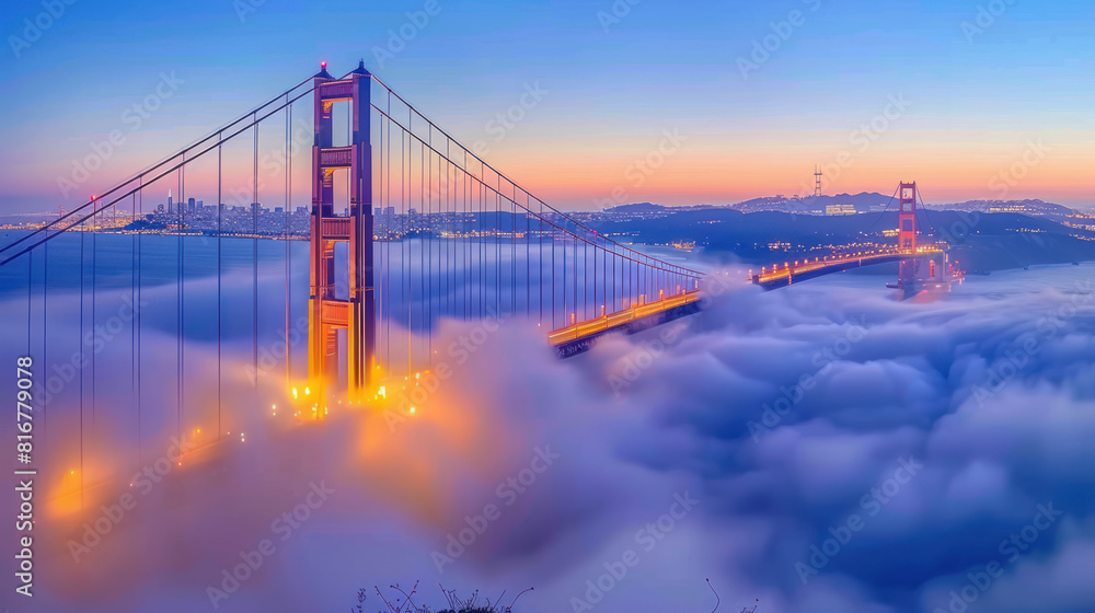 Obraz premium The sun rises behind the fog-covered Golden Gate Bridge, casting a warm, golden glow over the misty landscape as the city awakens to a new day. 