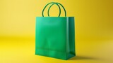 3D rendered shop paper bag for gift isolated modern. Fashion package element illustration. Reusable market shopper for delivery with handle in green and yellow.