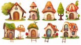 Modern cartoon illustration of wooden doors, windows, ladders, and roofs on a white background featuring fairytale huts of acorns, pumpkins, strawberries and mushrooms.