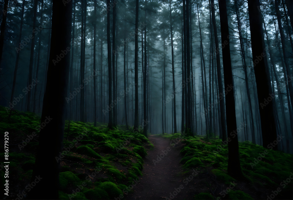 Mysterious Green dark pine tree forest, cinematic foggy trunk in nature, spruce trees in mysterious horror park Mysterious Green dark pine tree forest, cinematic foggy trunk in nature, spruce trees in mysterious horror park