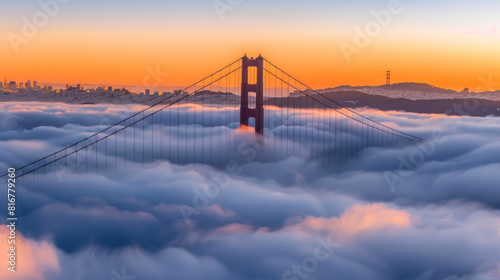 The sun rises behind the fog-covered Golden Gate Bridge  casting a warm  golden glow over the misty landscape as the city awakens to a new day. 