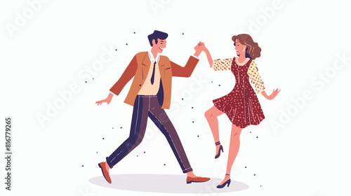 Pair holding hands and dancing lindy hop dance togeth photo