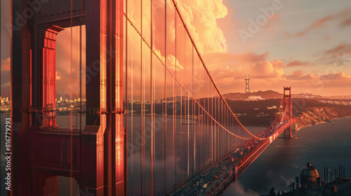 The sun rises behind the fog-covered Golden Gate Bridge, casting a warm, golden glow over the misty landscape as the city awakens to a new day. 