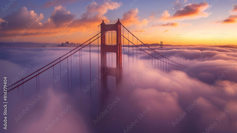 The sun rises behind the fog-covered Golden Gate Bridge, casting a warm, golden glow over the misty landscape as the city awakens to a new day. 