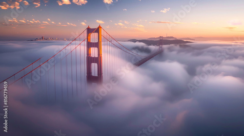 The sun rises behind the fog-covered Golden Gate Bridge, casting a warm, golden glow over the misty landscape as the city awakens to a new day.  photo