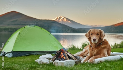 arge Brown Dog Relaxing by Campfire on Spring Evening. pet friendly campgrounds, camping wild photo