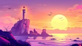 A cartoon landscape of a sunset or sunrise with a lighthouse standing on an island with a steep rocky cliff in the sea or ocean. An evening seascape with a light beacon tower in front of a yellow and