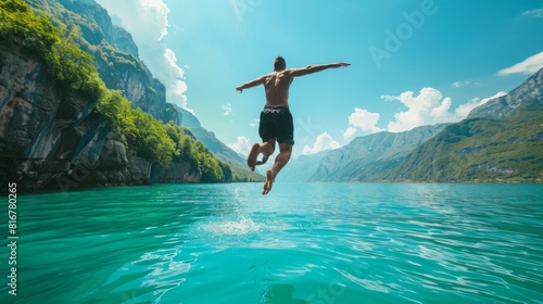 Wallpaper Mural Man Jumping into Mountain Lake Torontodigital.ca