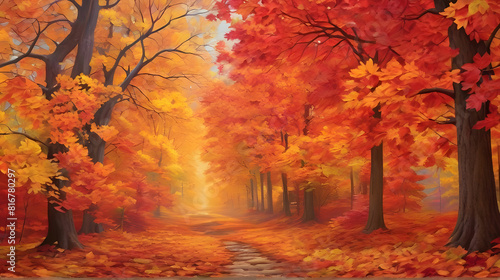 Experience the vibrant colors of autumn in a stunning wallpaper  with leaves of fiery reds  oranges  and yellows cascading down a peaceful forest scene