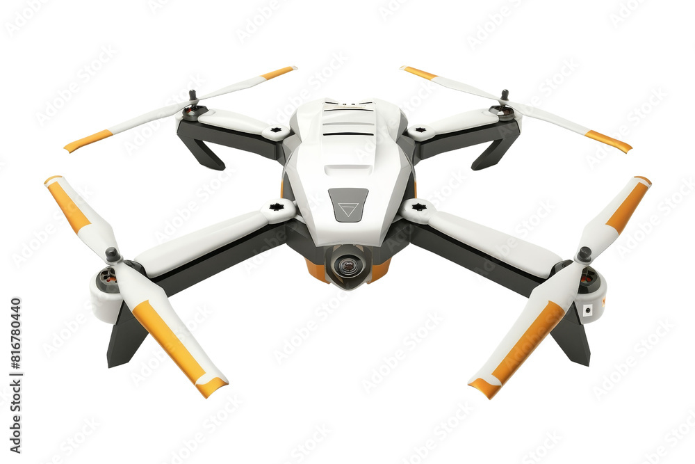 A white and orange drone is sitting on a transparent background. The drone is a model of a quadcopter, which is a type of unmanned aerial vehicle A white and orange drone is sitting on a transparent background. The drone is a model of a quadcopter, which is a type of unmanned aerial vehicle
