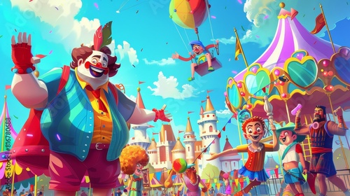 An amusement park with performers. A presenter  a clown  and a strongman are surrounded by carousels  castles  and cirque tents. Cartoon modern illustration of performers at the amusement park.