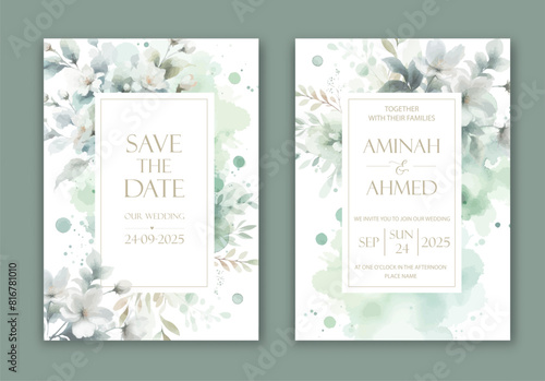 Wedding Invitation with delicate watercolor buds and leaves of jasmine.