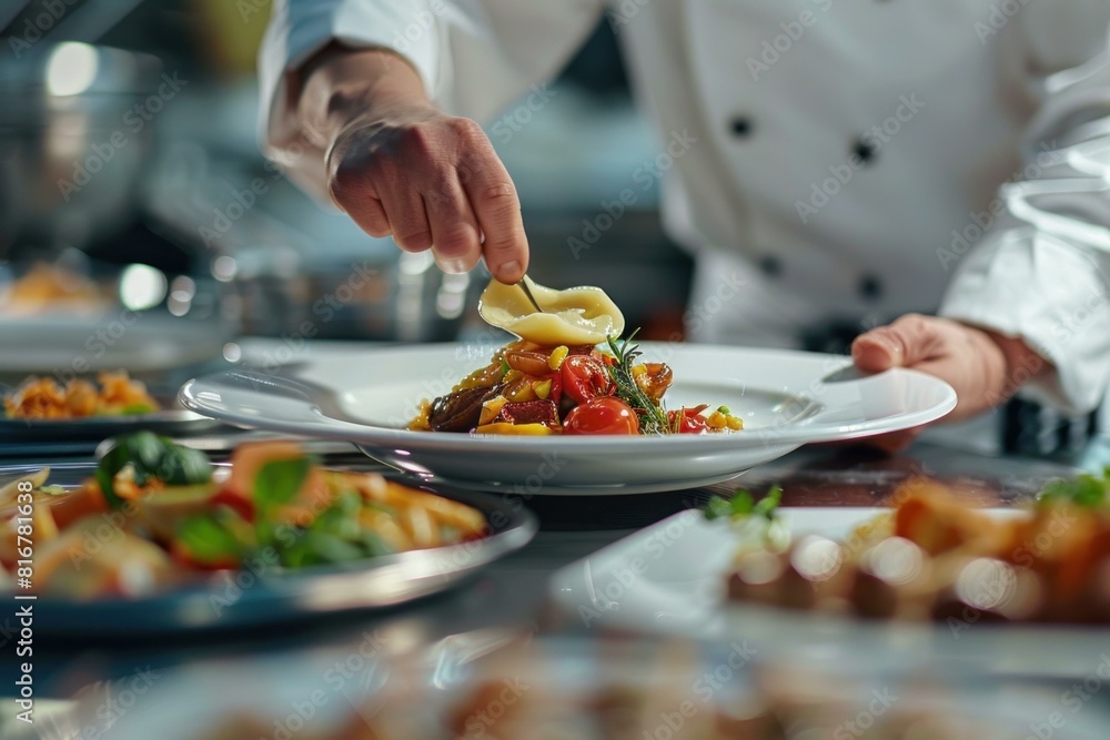 Professional chef adds finishing touch to a colorful plate with fresh ingredients in a busy kitchen