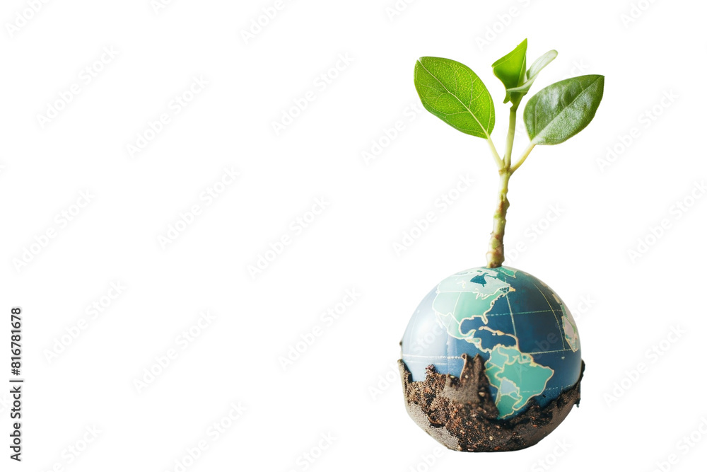 A small plant is growing out of a globe. Concept of growth and the importance of nurturing the environment