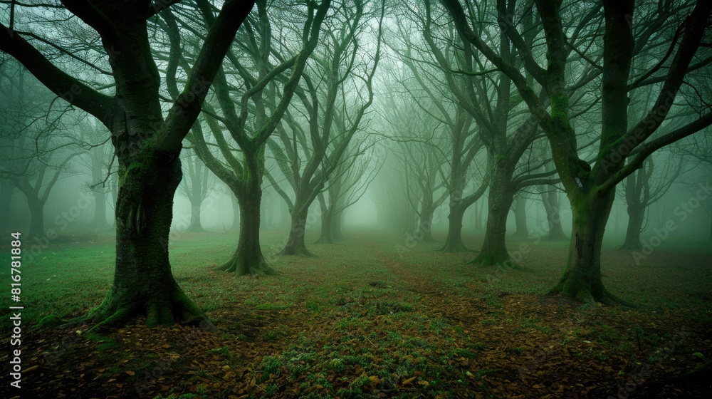 Fototapeta premium fog blanketing a tranquil forest, creating an ethereal atmosphere