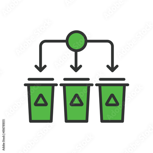 Waste sorting, in line design, green. Waste, sorting, garbage, recycling, segregate, bins on white background vector. Waste sorting editable stroke icon.