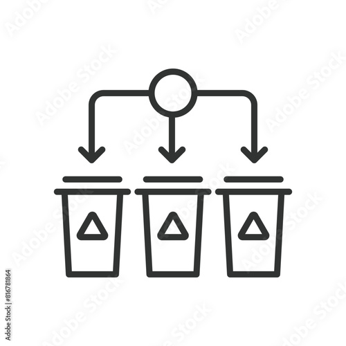Waste sorting, in line design. Waste, sorting, garbage, recycling, segregate, bins on white background vector. Waste sorting editable stroke icon.